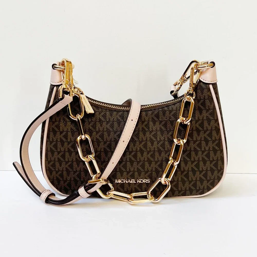 Michael Kors Cora Medium Zip Shoulder Crossbody Bag MK Brown Pink - Picture 6 of 14